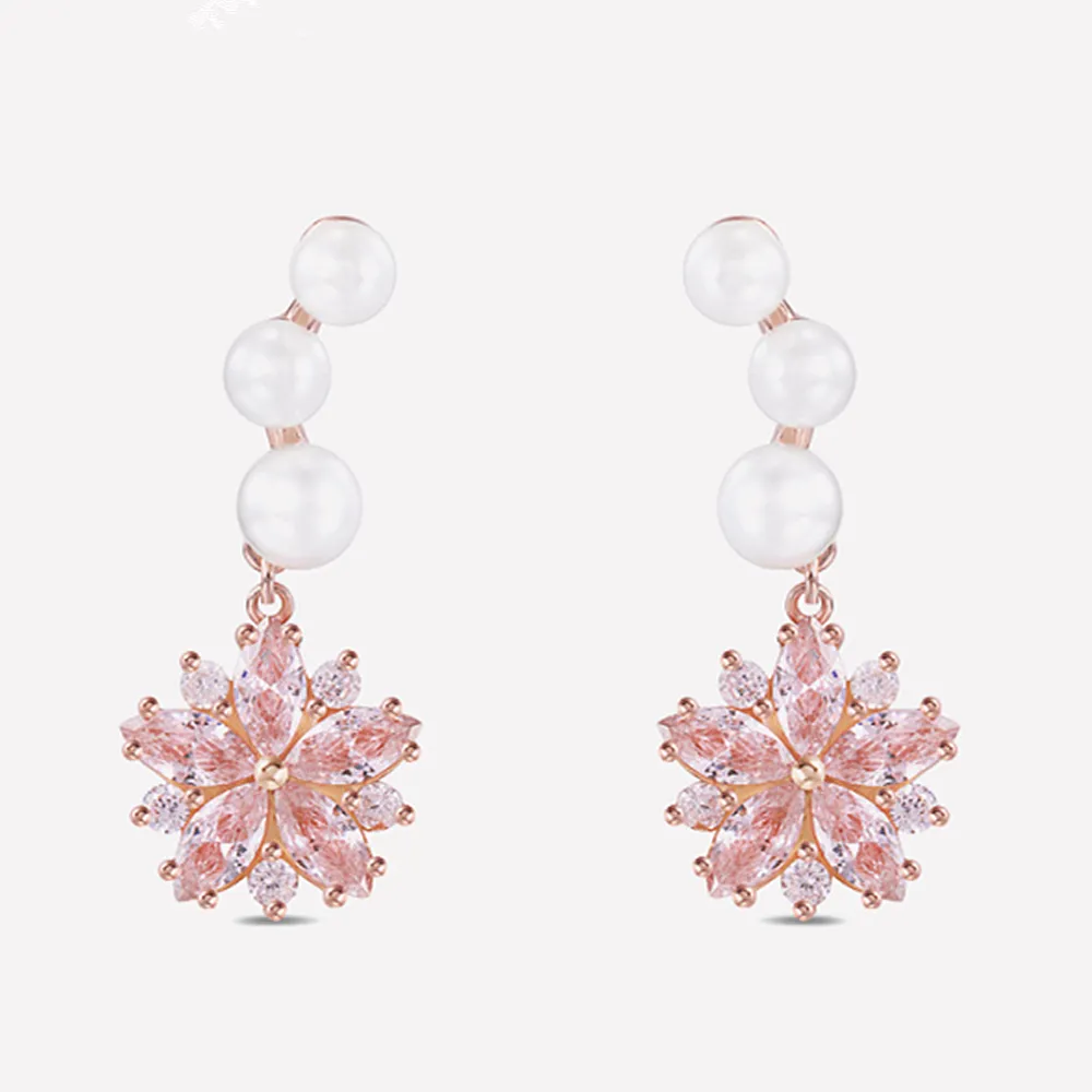Pink Sapphire Sakura with Pearls Dangle Earrings