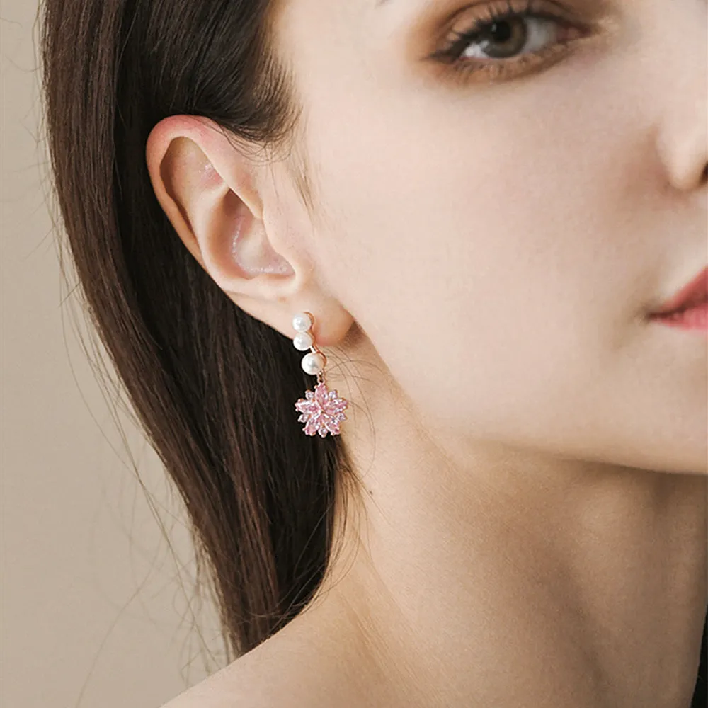 Pink Sapphire Sakura with Pearls Dangle Earrings