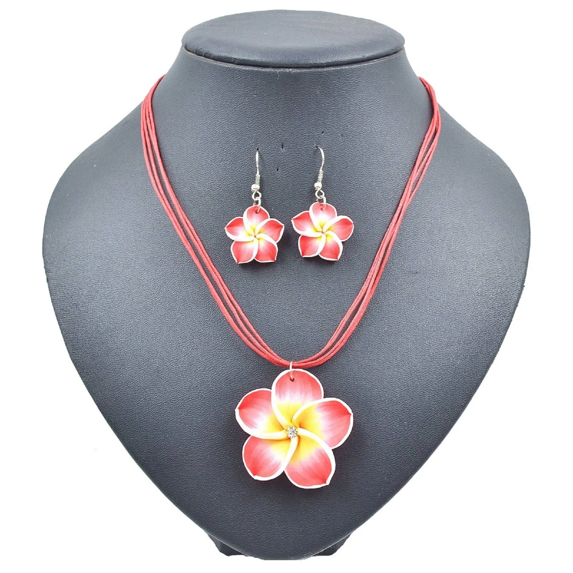 Plumeria Flower Necklace and Earrings 3 PC Jewelry Set, Hawaii Floral Plumeria Boho Choker Necklace