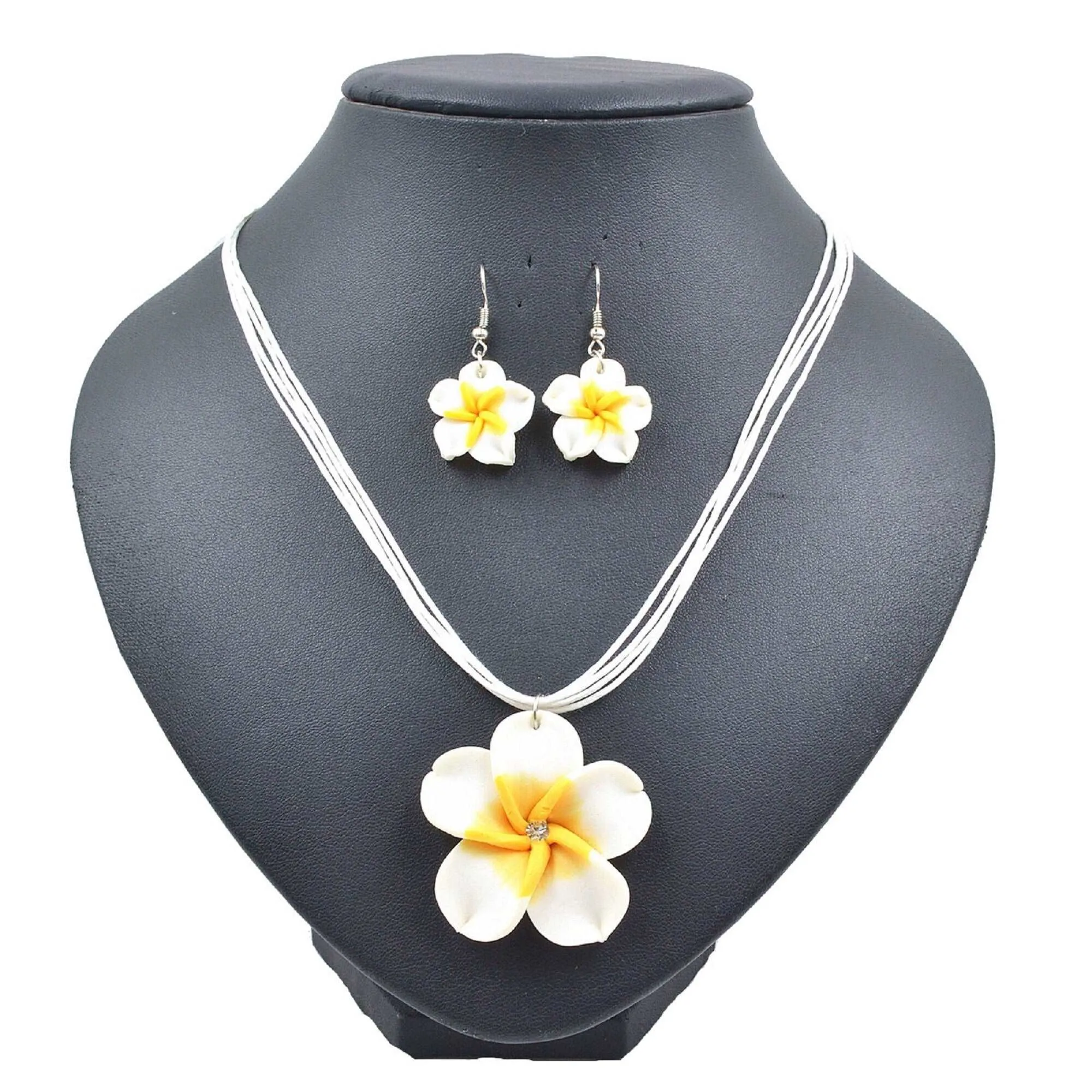 Plumeria Flower Necklace and Earrings 3 PC Jewelry Set, Hawaii Floral Plumeria Boho Choker Necklace