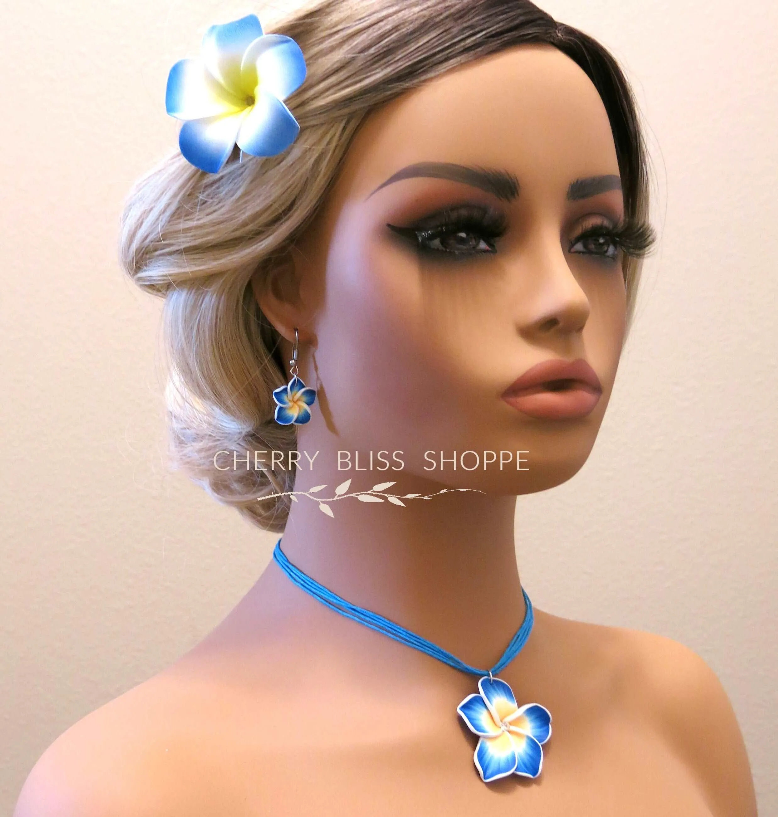 Plumeria Flower Necklace and Earrings 3 PC Jewelry Set, Hawaii Floral Plumeria Boho Choker Necklace