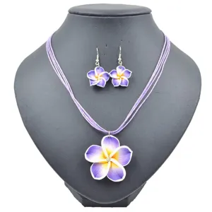 Plumeria Flower Necklace and Earrings 3 PC Jewelry Set, Hawaii Floral Plumeria Boho Choker Necklace