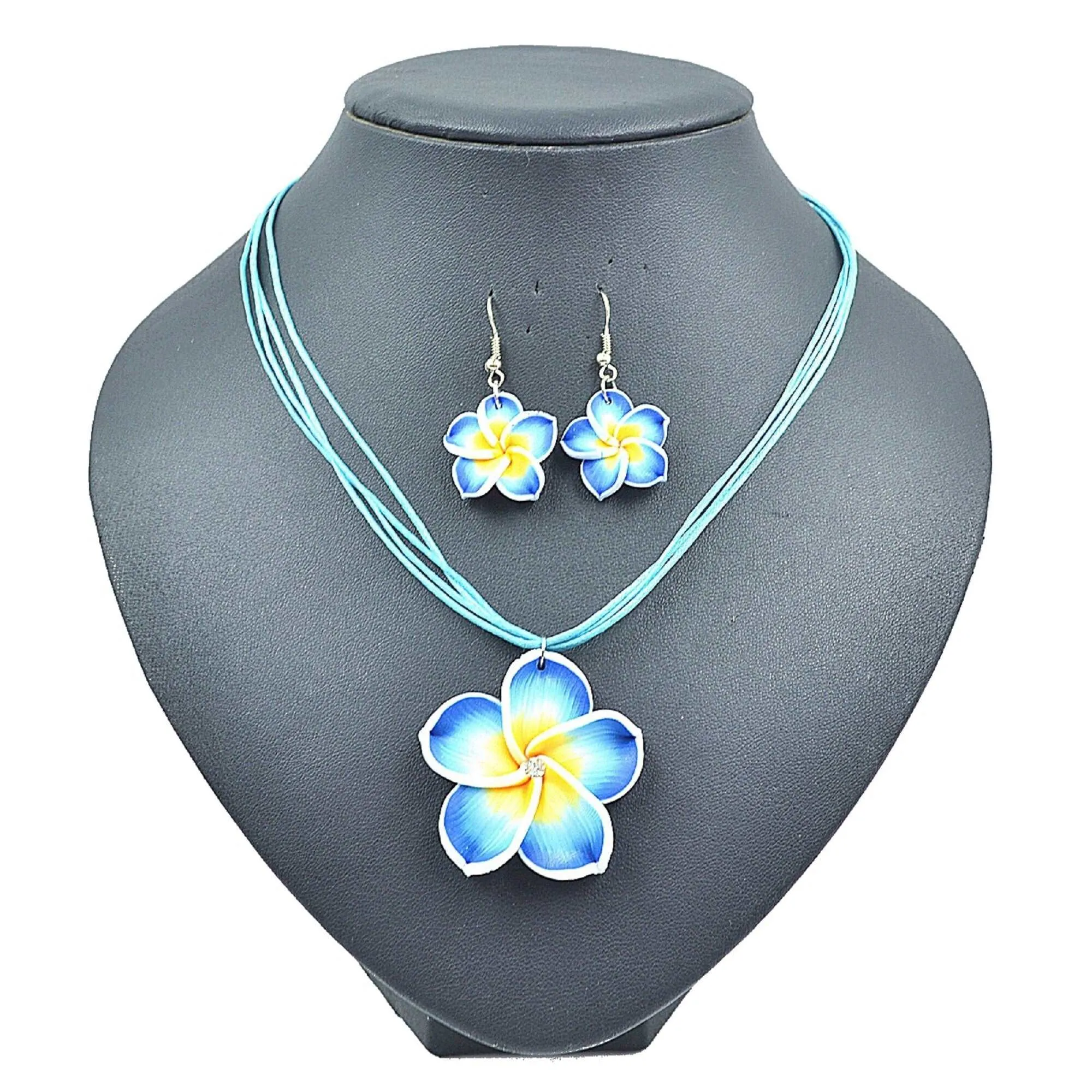 Plumeria Flower Necklace and Earrings 3 PC Jewelry Set, Hawaii Floral Plumeria Boho Choker Necklace