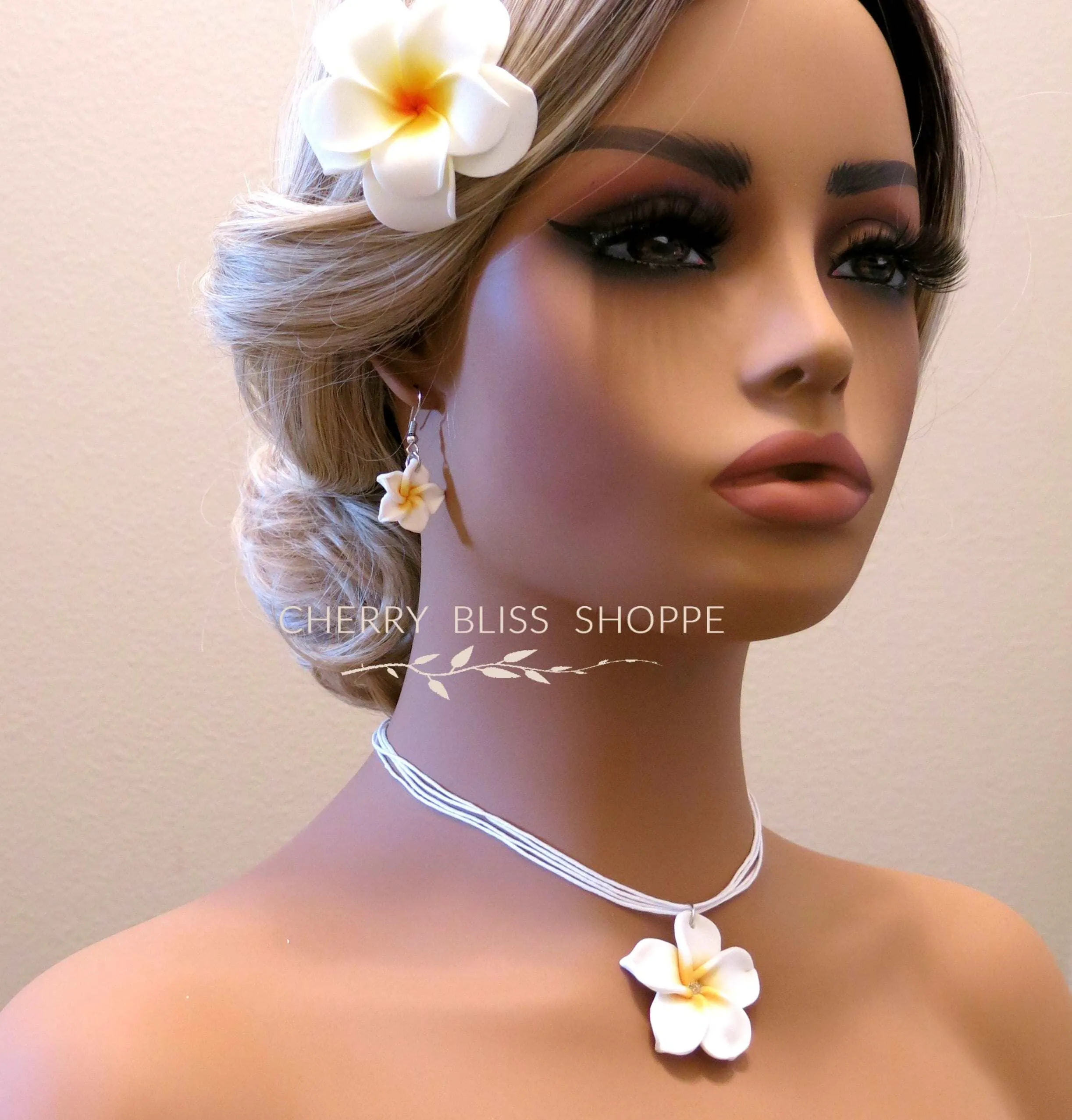 Plumeria Flower Necklace and Earrings 3 PC Jewelry Set, Hawaii Floral Plumeria Boho Choker Necklace