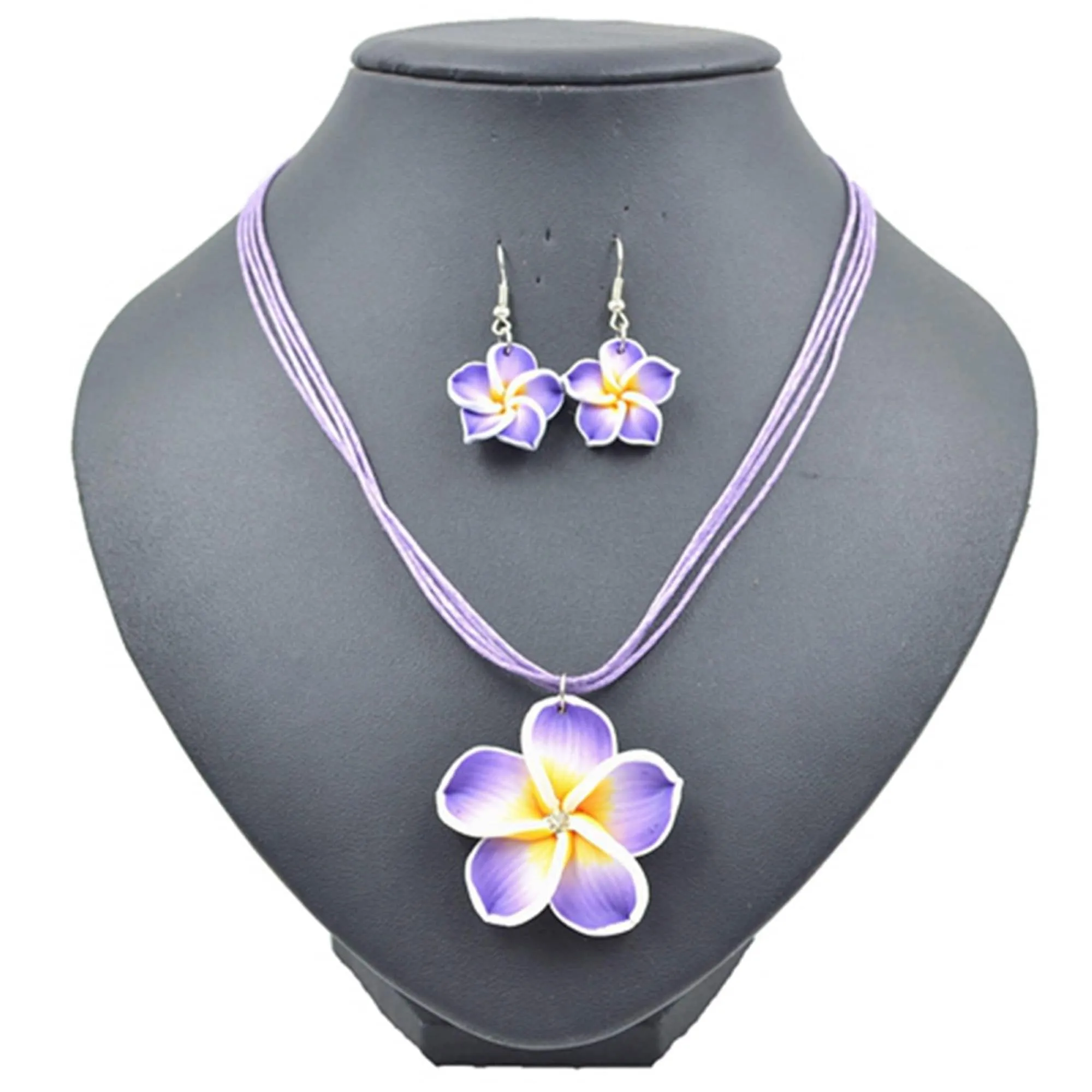 Plumeria Flower Necklace and Earrings 3 PC Jewelry Set, Hawaii Floral Plumeria Boho Choker Necklace