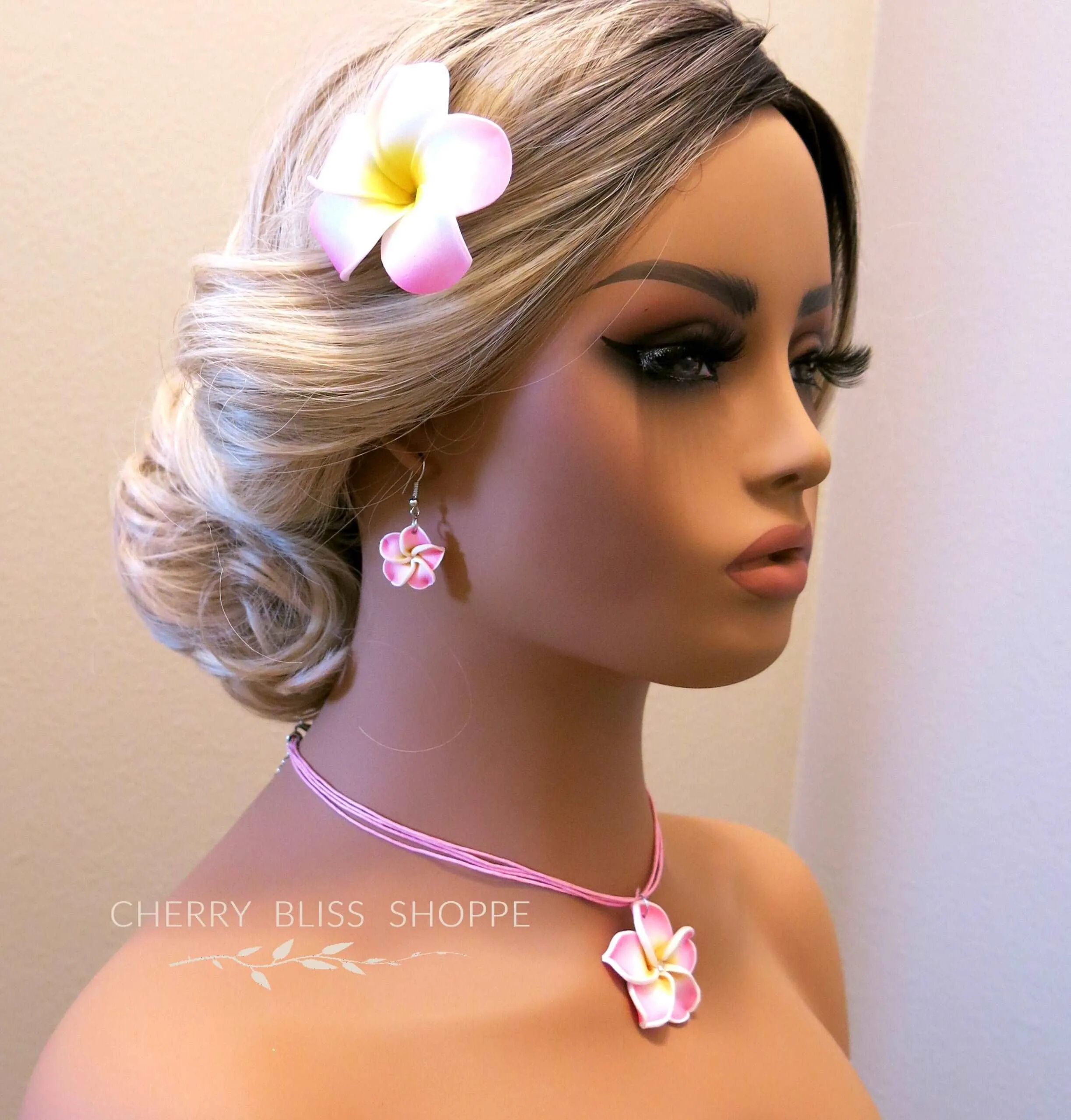 Plumeria Flower Necklace and Earrings 3 PC Jewelry Set, Hawaii Floral Plumeria Boho Choker Necklace