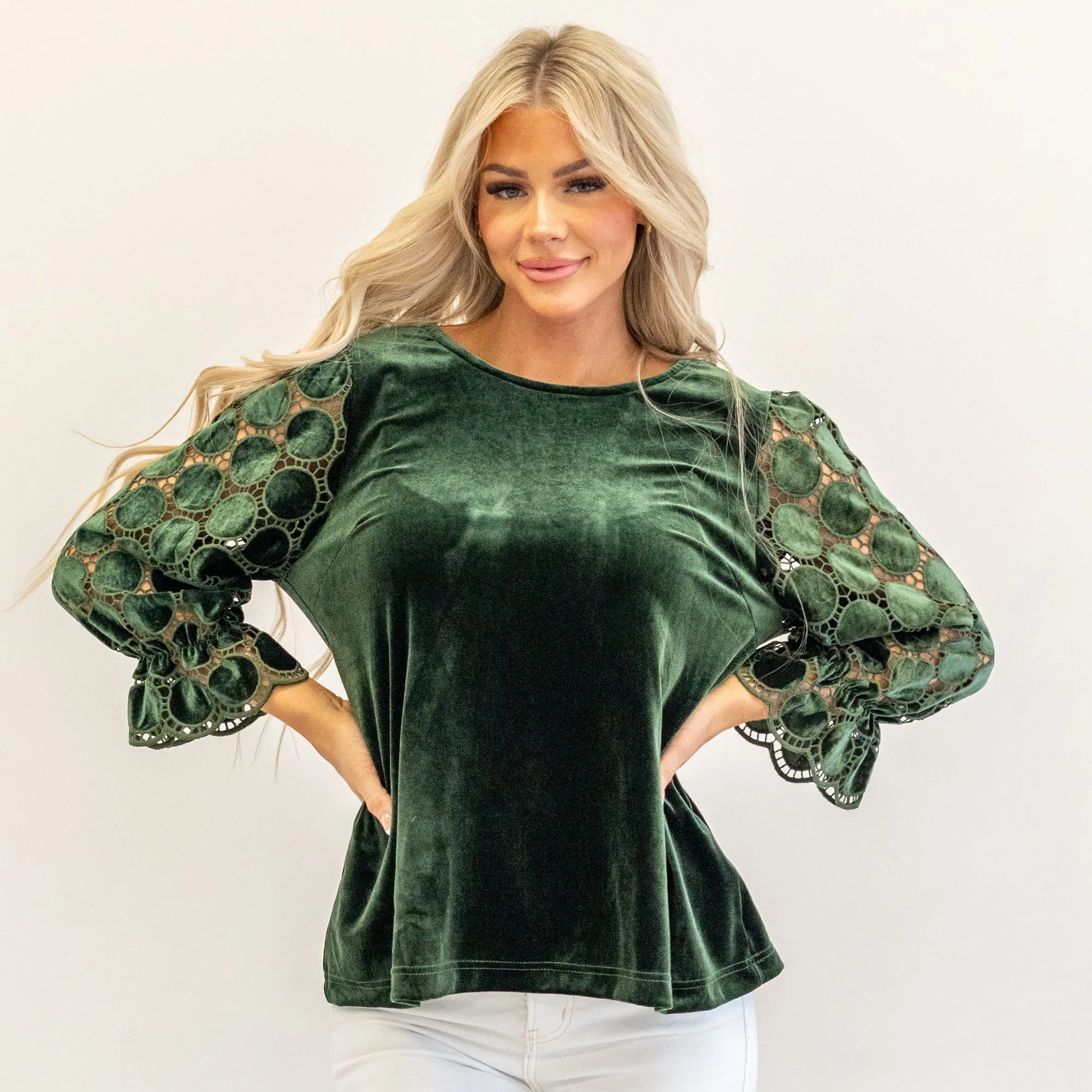 Polka Dot Lace Long Sleeve Round Neck Blouse
