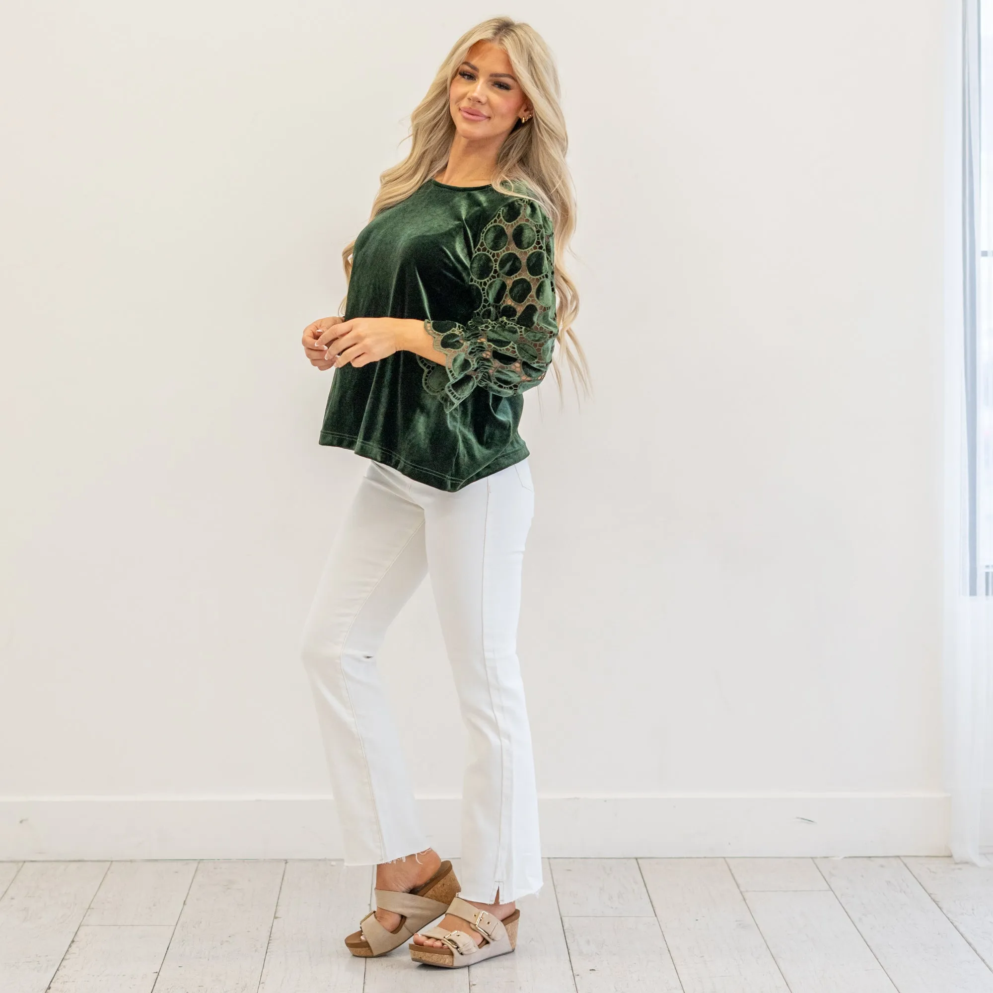 Polka Dot Lace Long Sleeve Round Neck Blouse