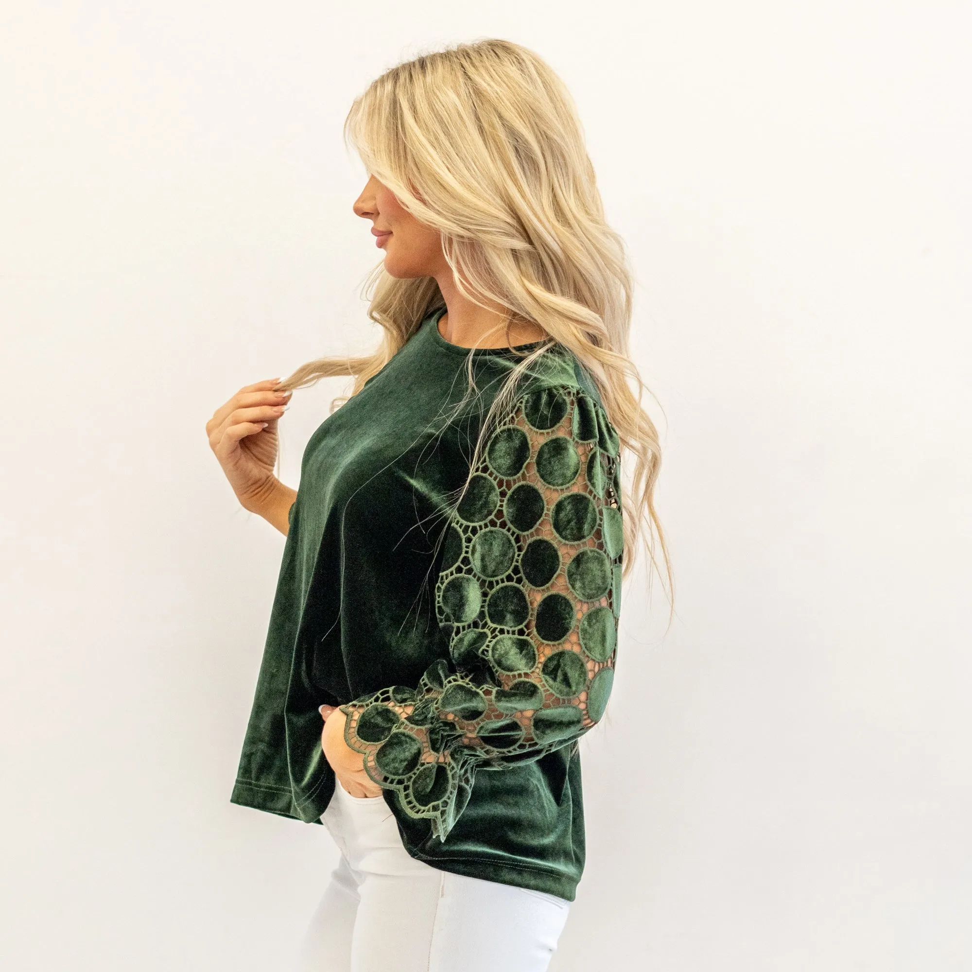 Polka Dot Lace Long Sleeve Round Neck Blouse