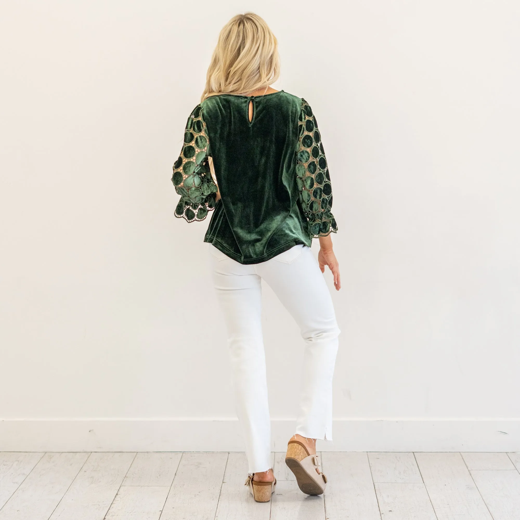 Polka Dot Lace Long Sleeve Round Neck Blouse