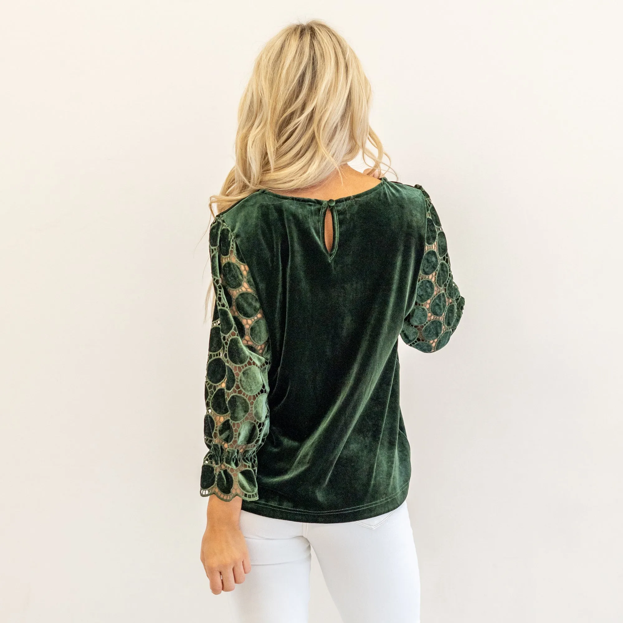 Polka Dot Lace Long Sleeve Round Neck Blouse