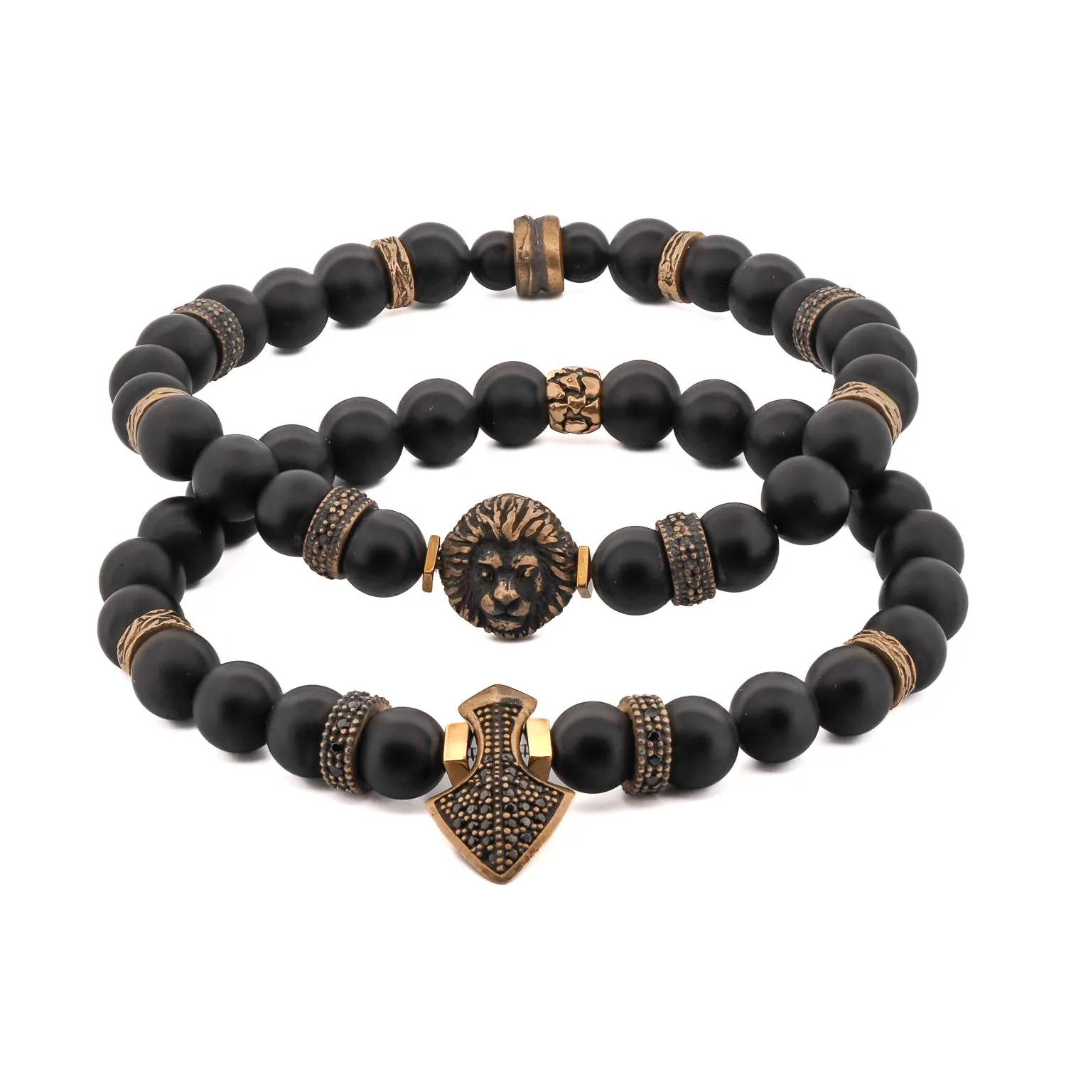 Powerful Lion & Diamond Arrow Black Onyx Bracelet Set