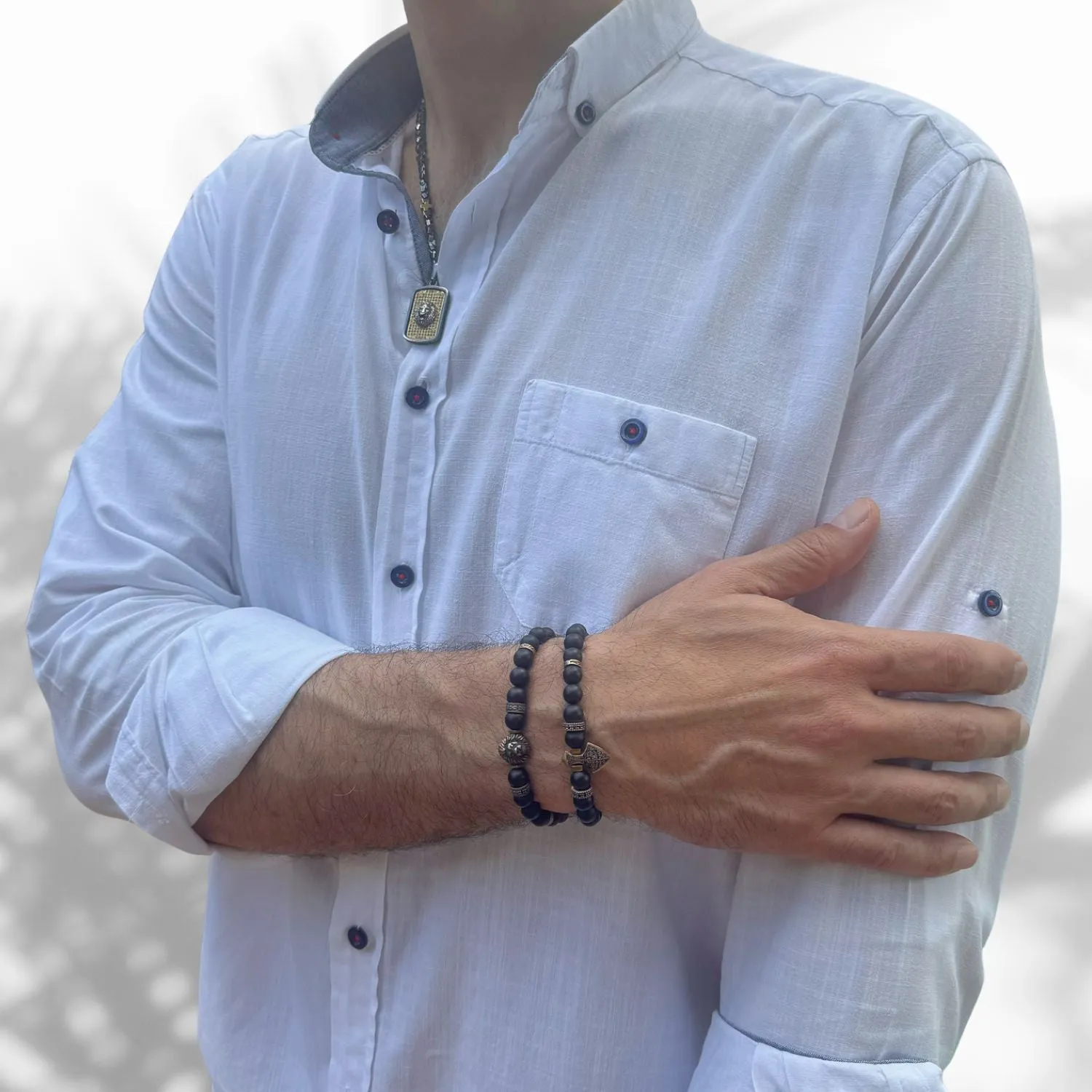 Powerful Lion & Diamond Arrow Black Onyx Bracelet Set