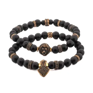 Powerful Lion & Diamond Arrow Black Onyx Bracelet Set
