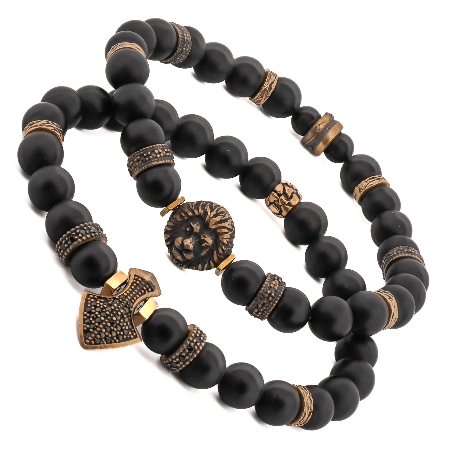 Powerful Lion & Diamond Arrow Black Onyx Bracelet Set