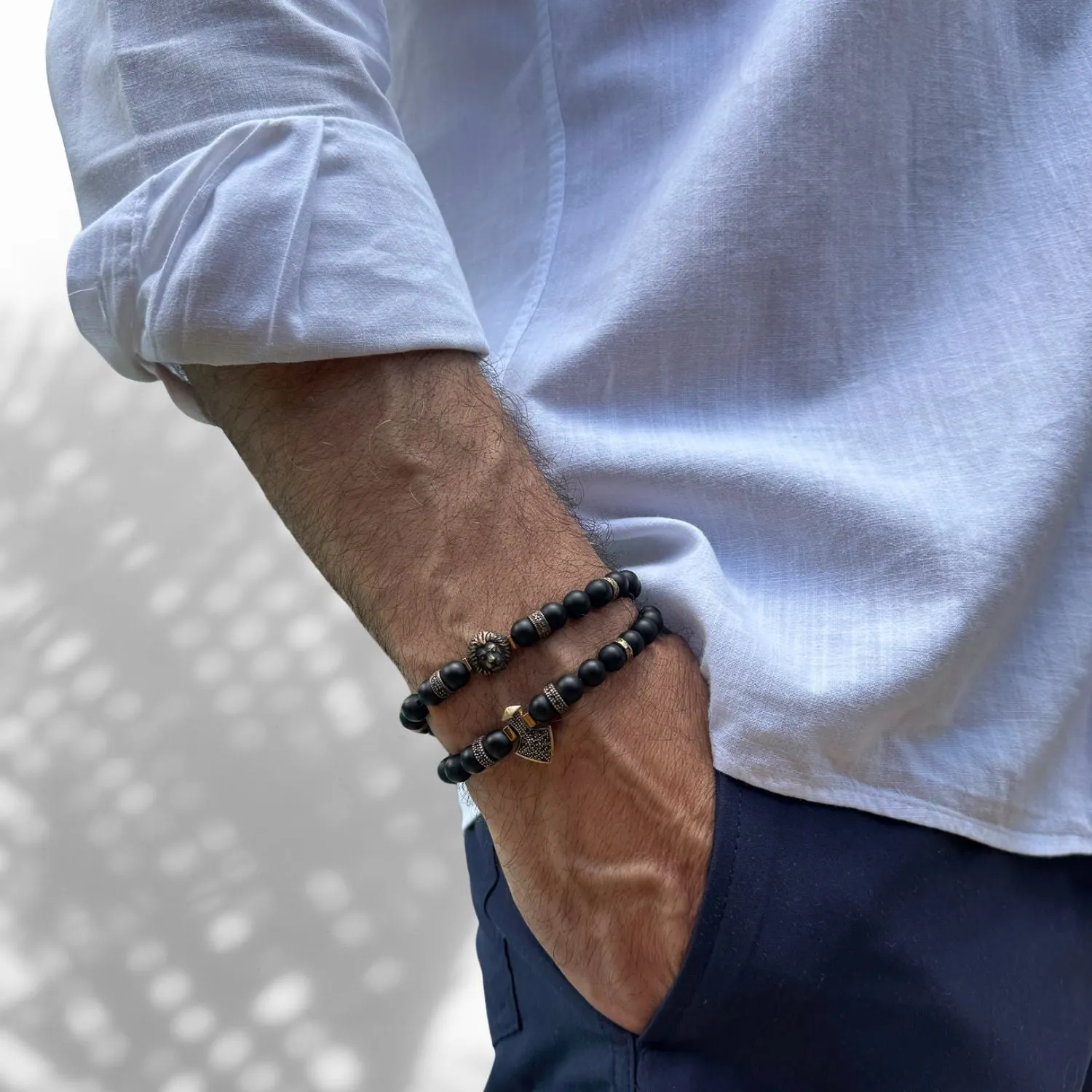 Powerful Lion & Diamond Arrow Black Onyx Bracelet Set