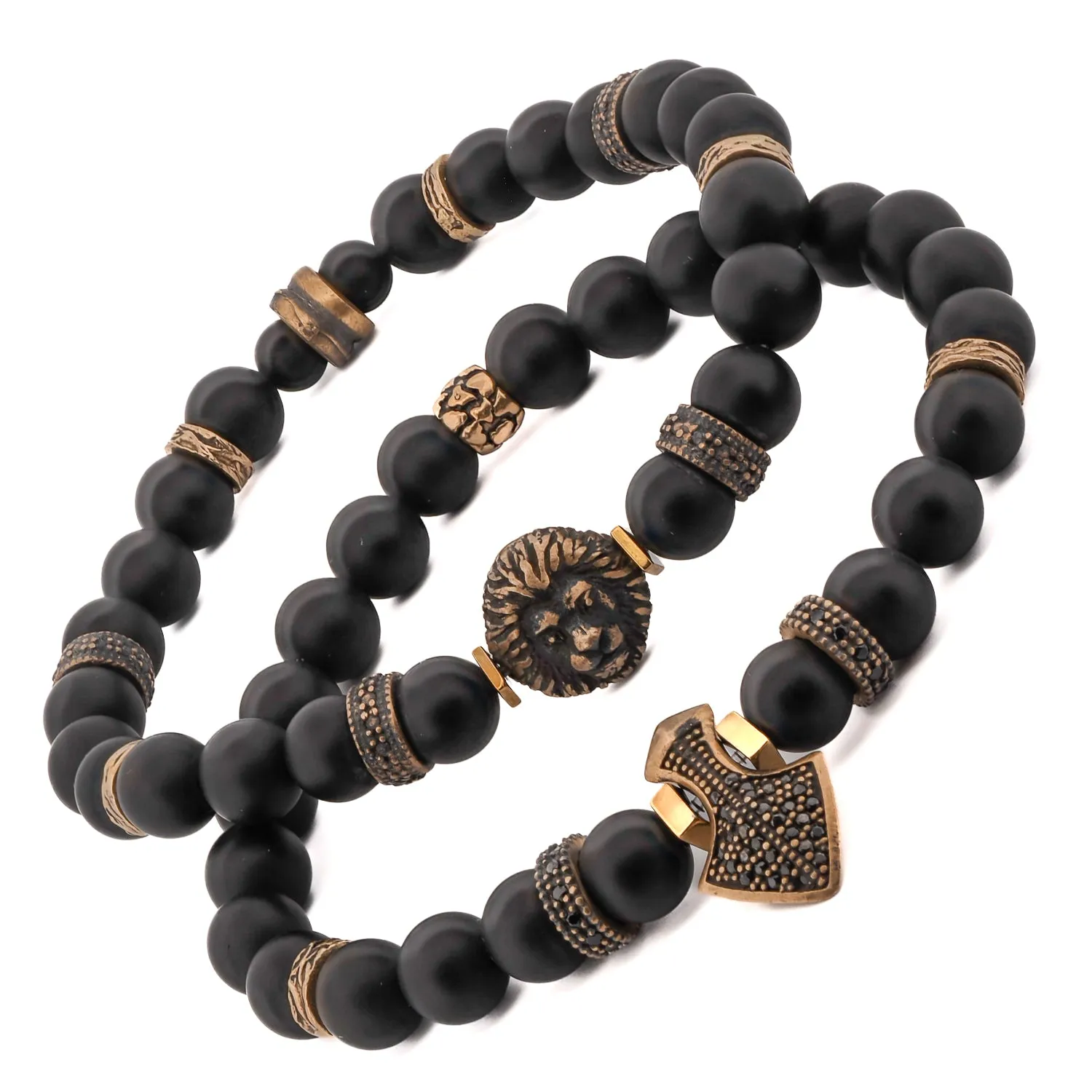 Powerful Lion & Diamond Arrow Black Onyx Bracelet Set