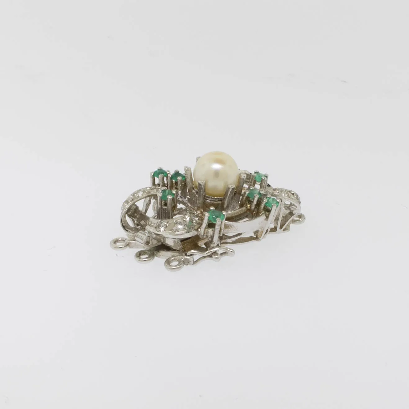 Preowned 18K White Gold 3-Strand Pearl Clasp with Emeralds and White Stones