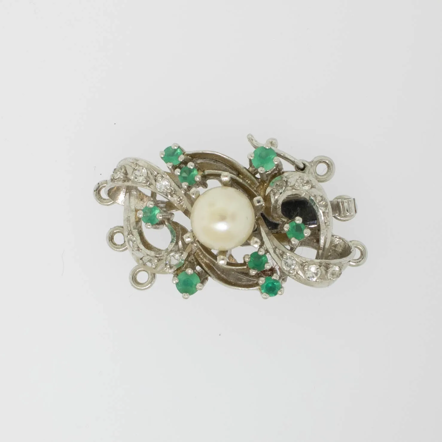 Preowned 18K White Gold 3-Strand Pearl Clasp with Emeralds and White Stones