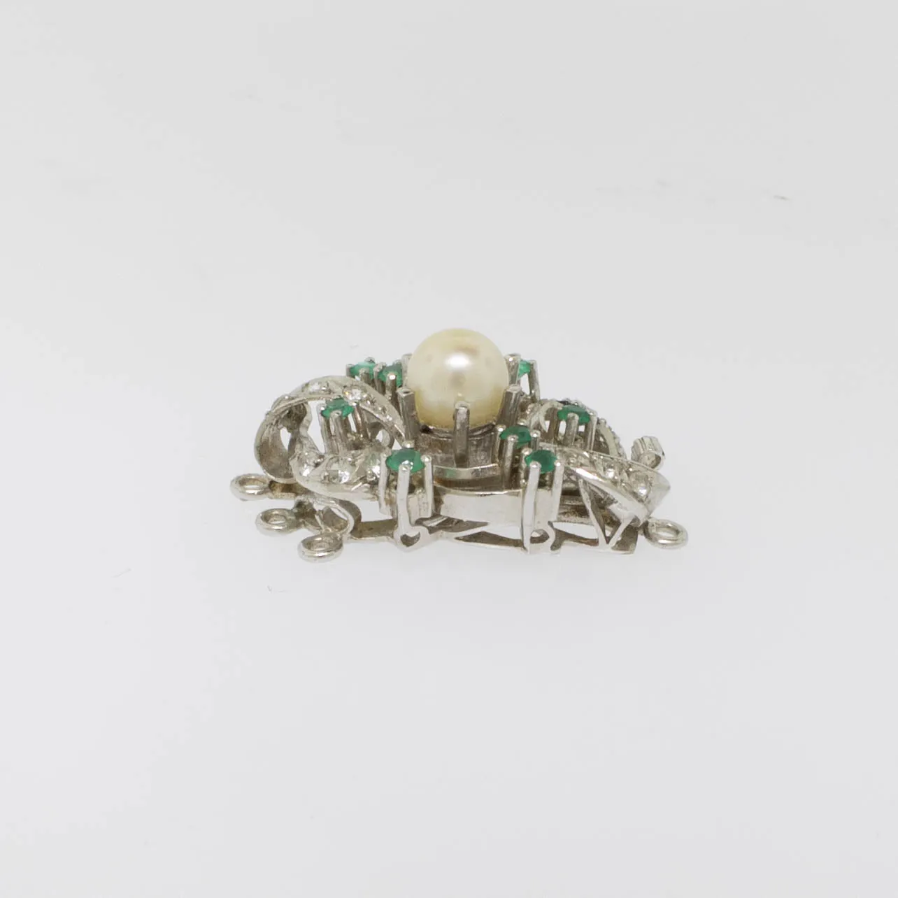 Preowned 18K White Gold 3-Strand Pearl Clasp with Emeralds and White Stones
