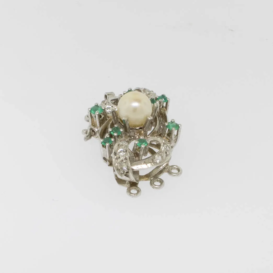Preowned 18K White Gold 3-Strand Pearl Clasp with Emeralds and White Stones