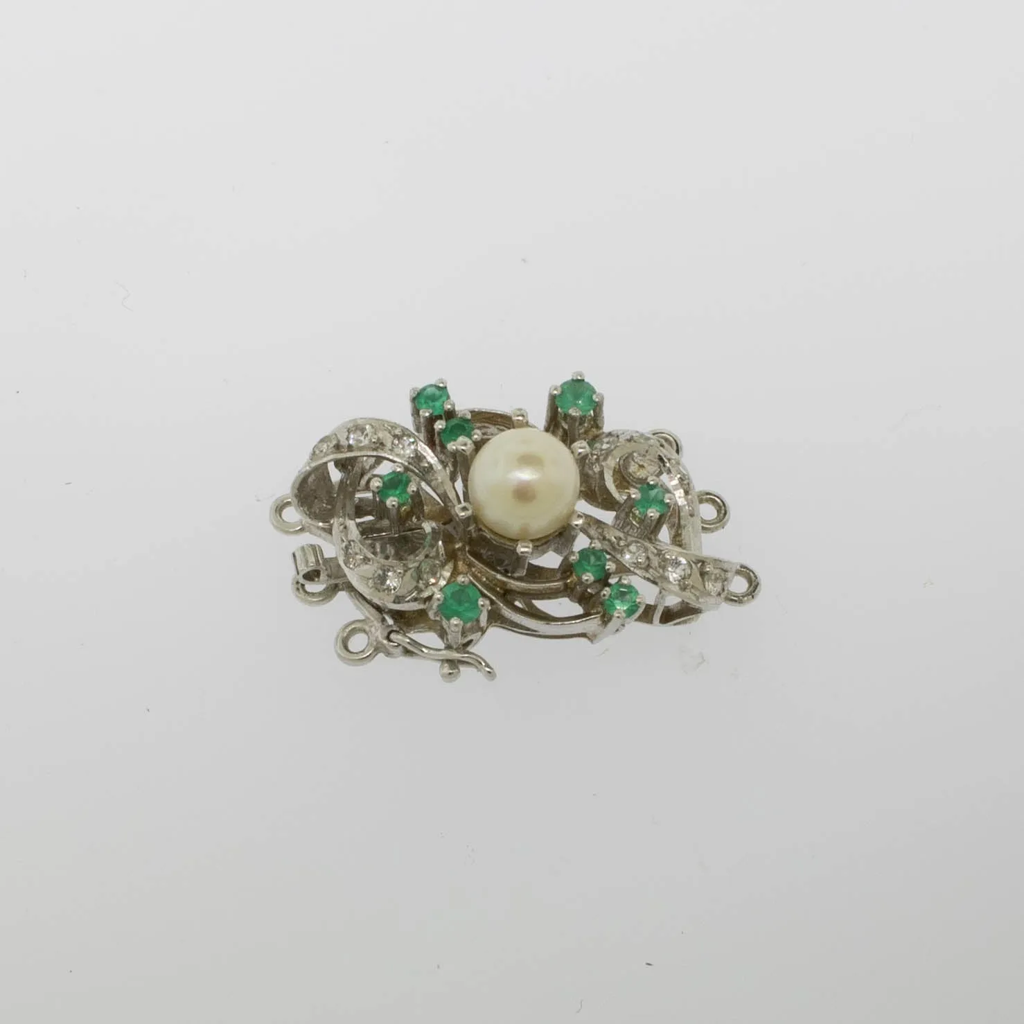Preowned 18K White Gold 3-Strand Pearl Clasp with Emeralds and White Stones