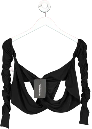 PrettyLittleThing Black Slinky Ruched Cold Shoulder Crossover Halter Neck Crop Top UK 8