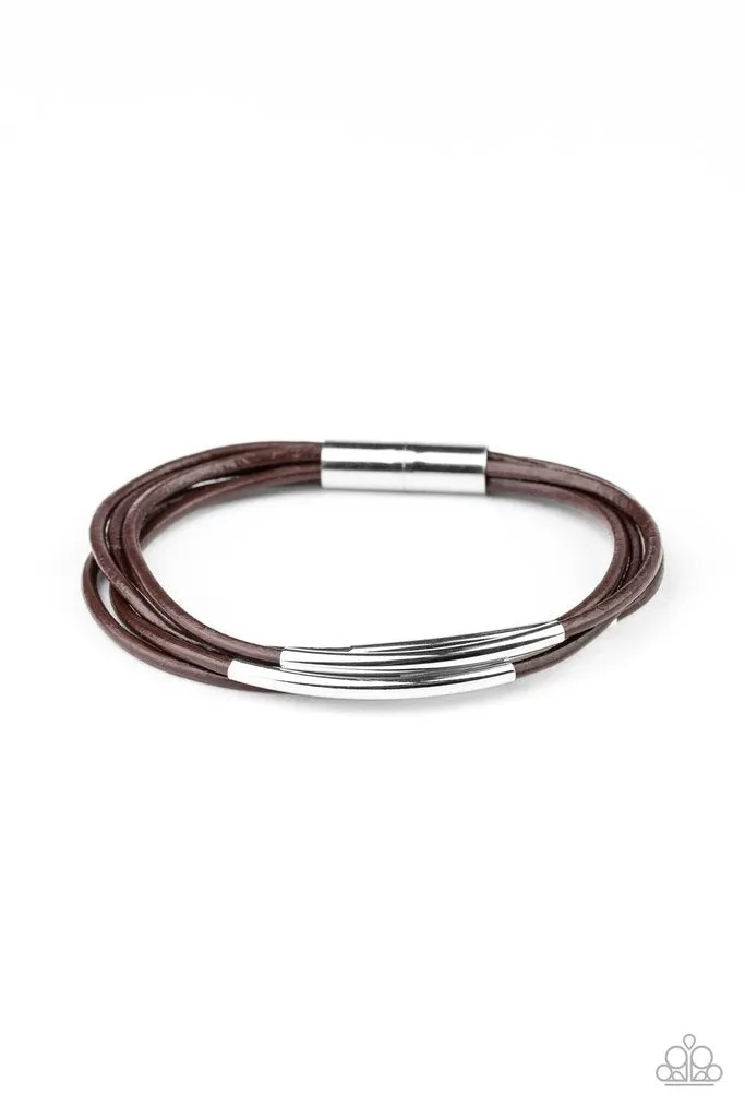 "Power Cord" Brown Corded Leather & Silver Magnetic Closure Bracelet