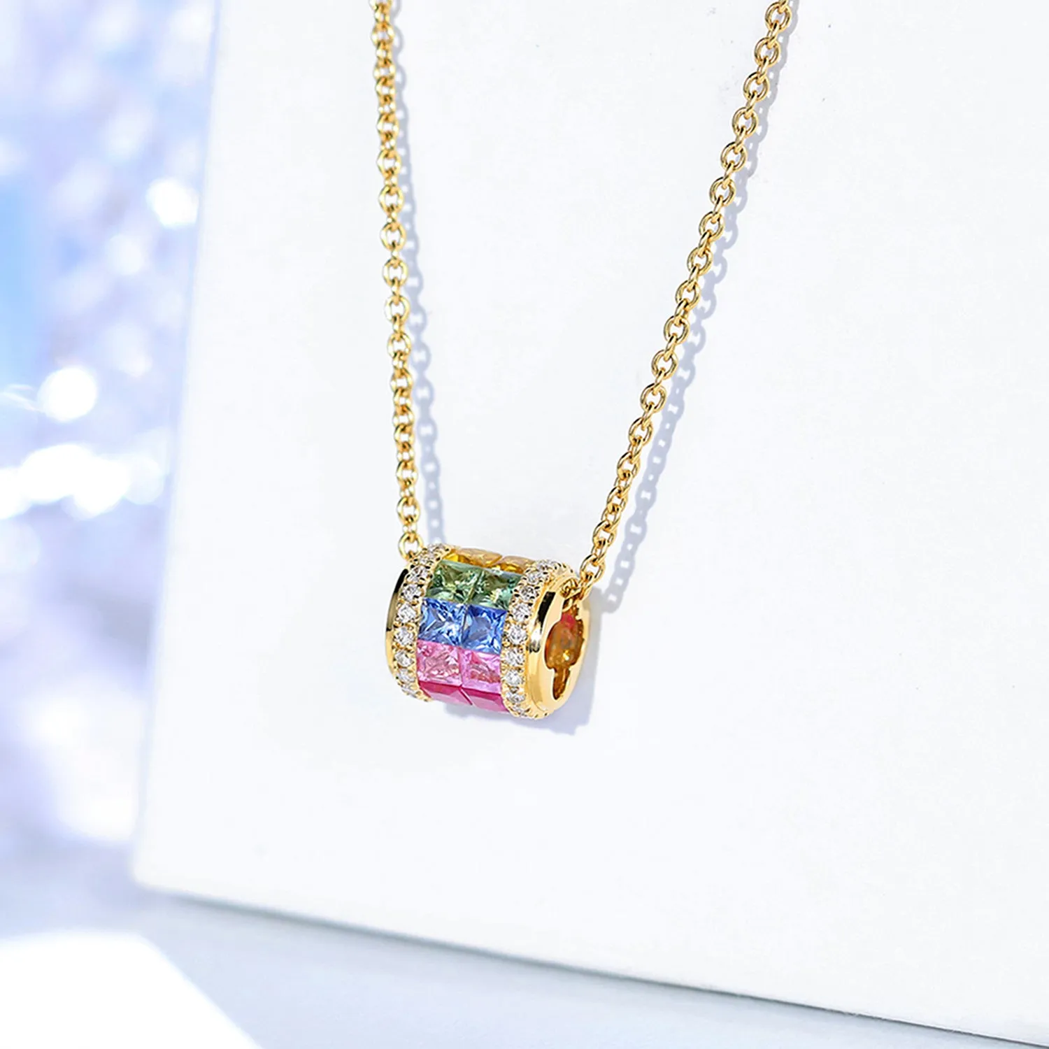 Rainbow Sapphire and Diamond Cylinder Pendant Necklace