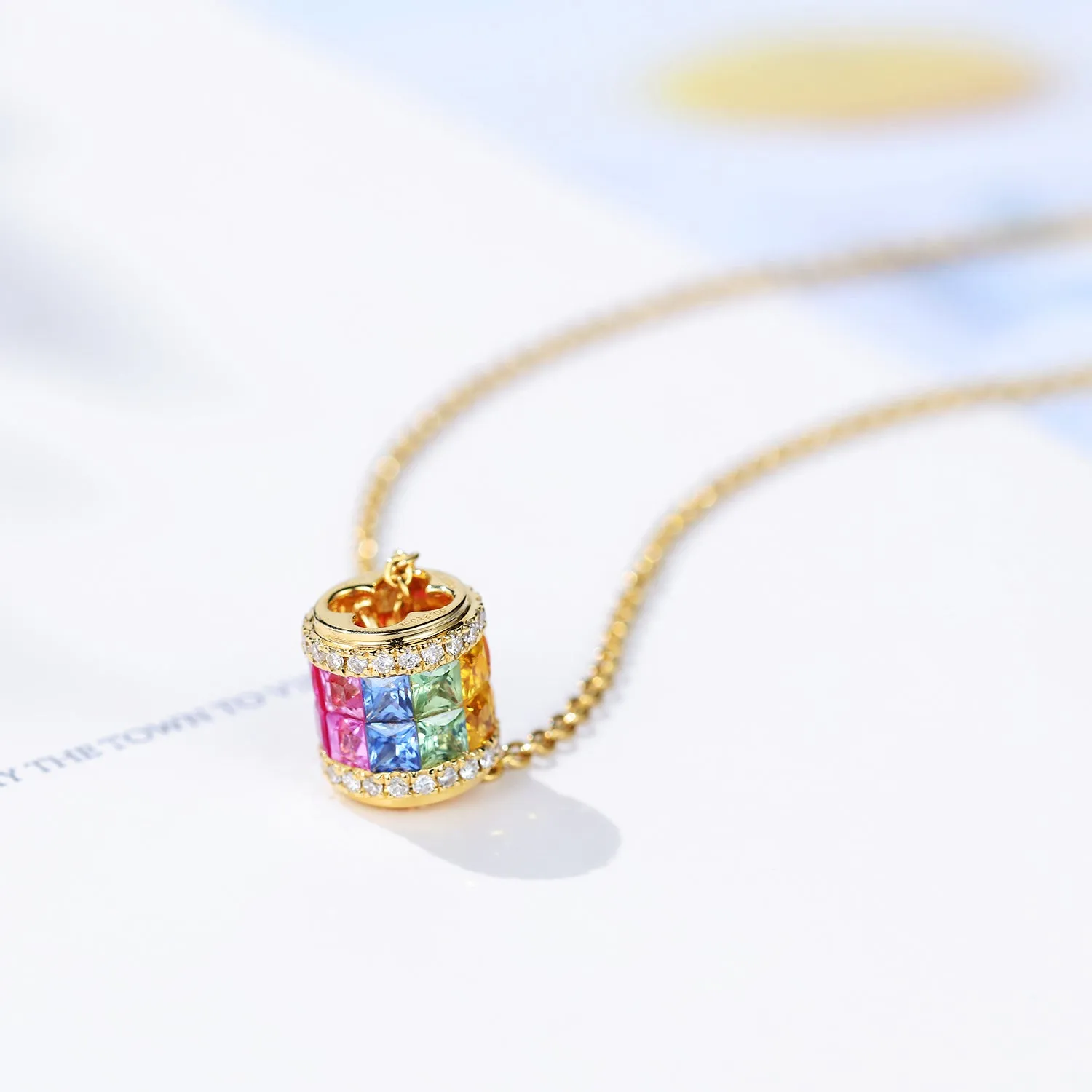 Rainbow Sapphire and Diamond Cylinder Pendant Necklace