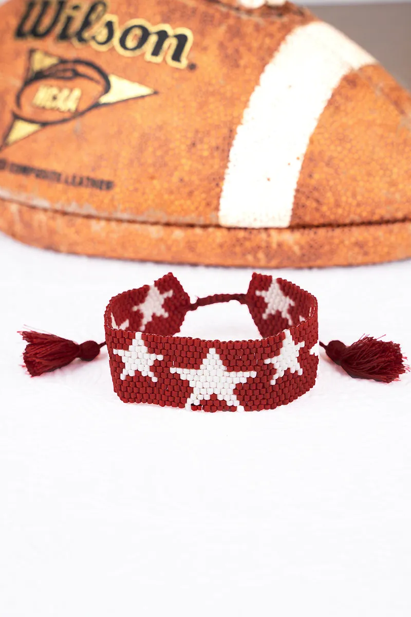 Red and White Star Print Seed Bead Cord Bracelet