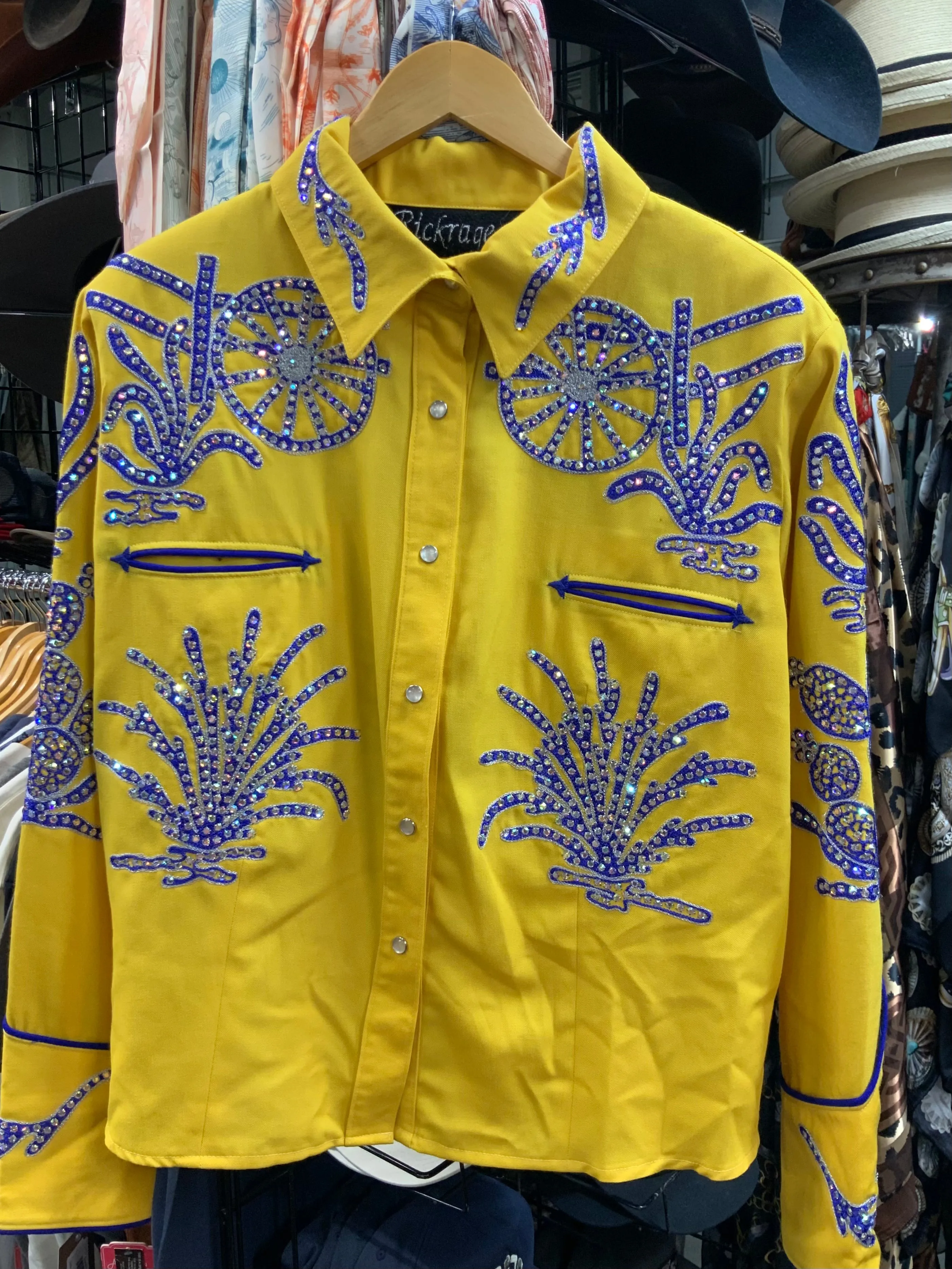 Rickrageous Yellow Blue Wool Gab Swarvoski Shirt