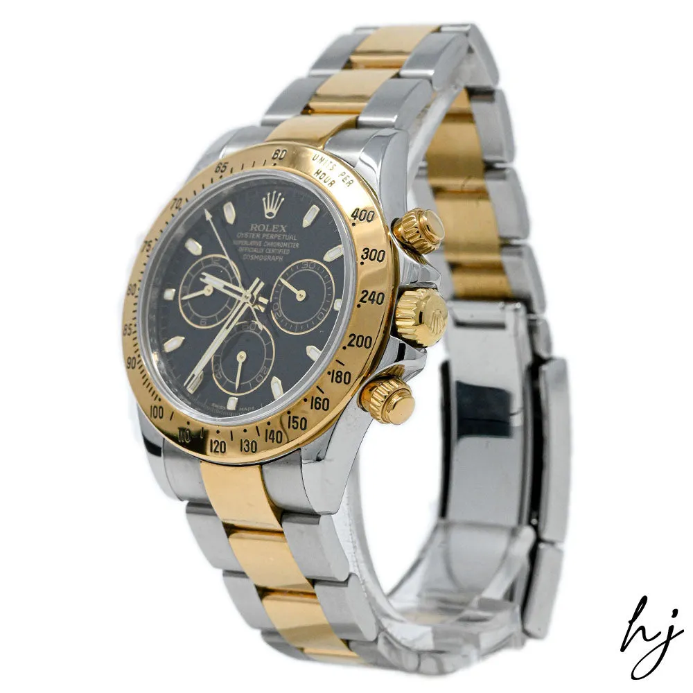 Rolex Men's Daytona 18K Yellow Gold & Steel 40mm Black Stick Dial Watch Reference #: 116523