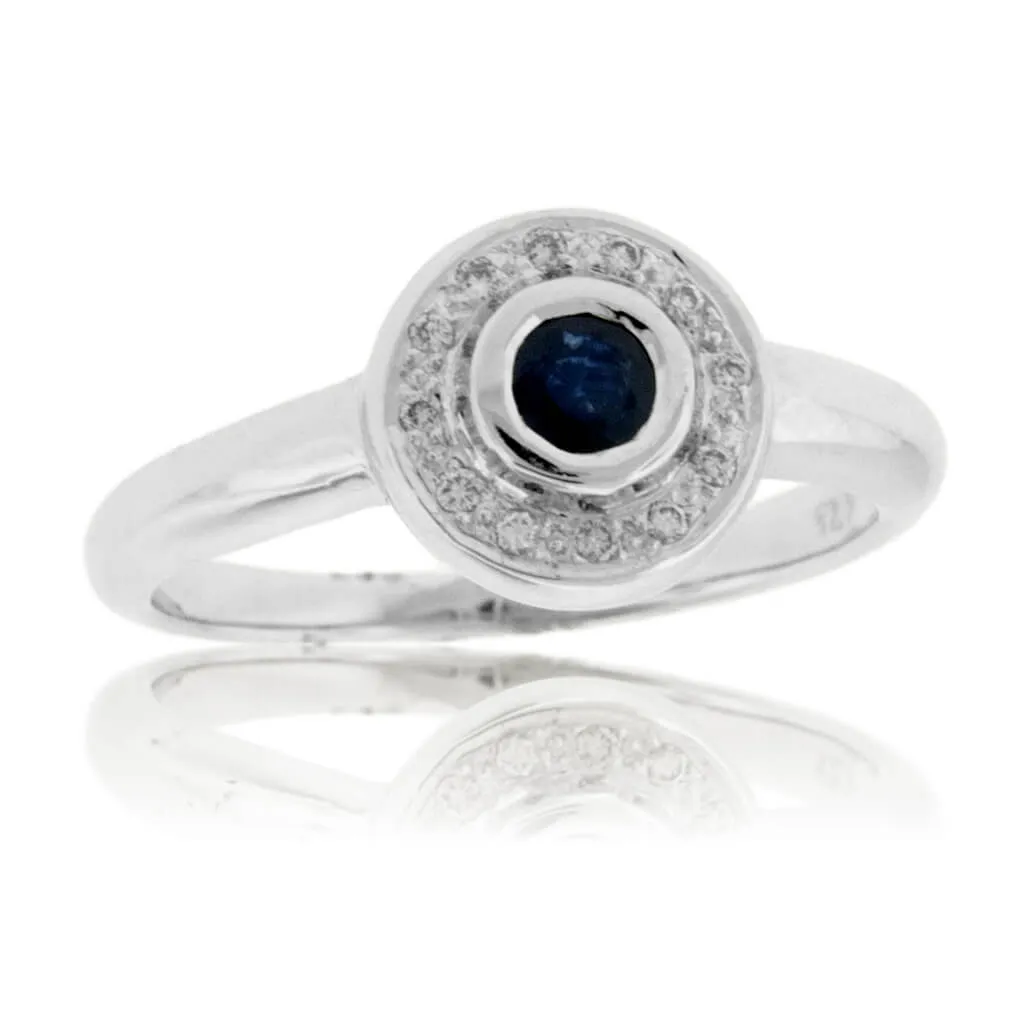 Round Blue Sapphire Diamond Bezel Style Ring