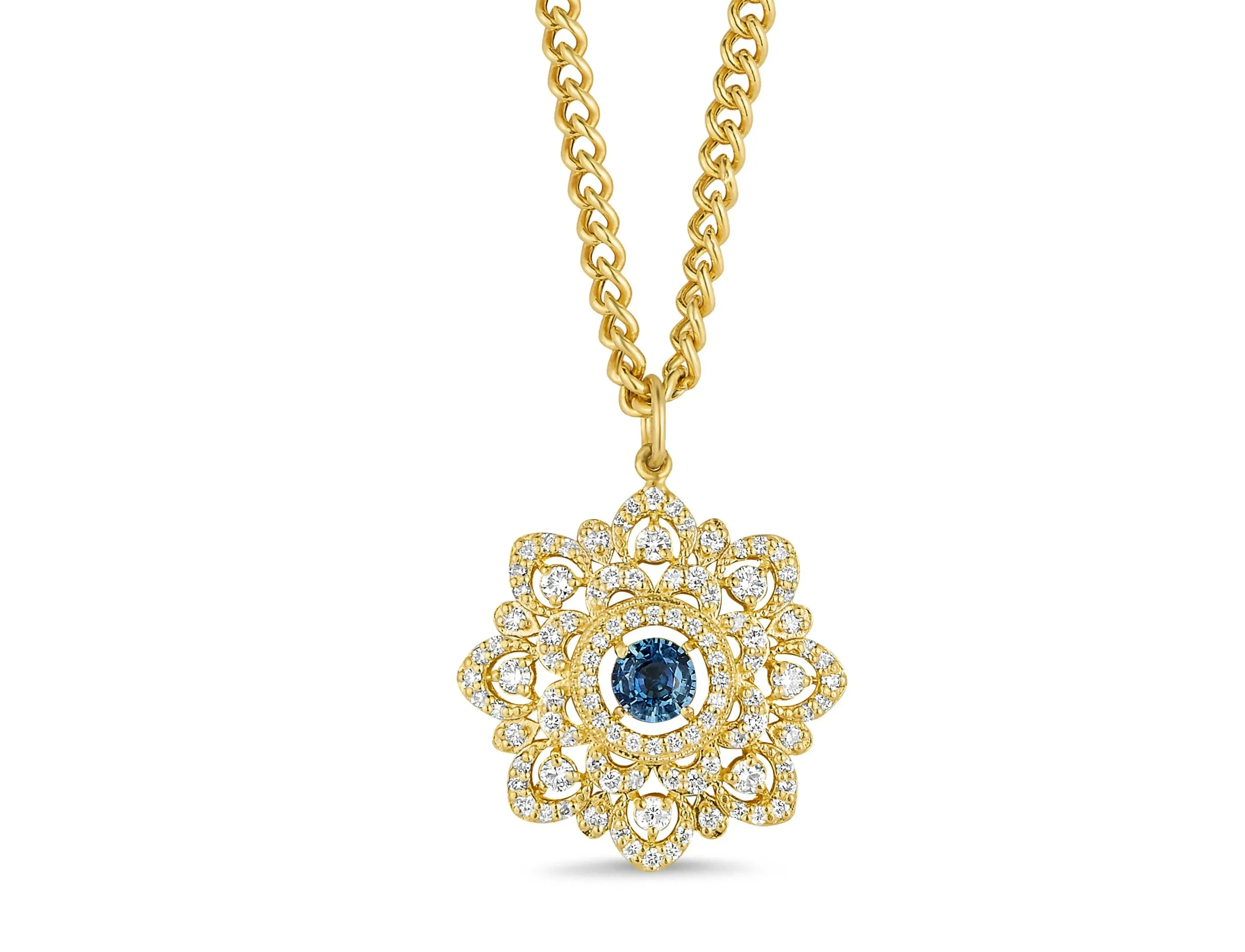 Round Lattice Necklace with Diamonds & Blue Sapphire