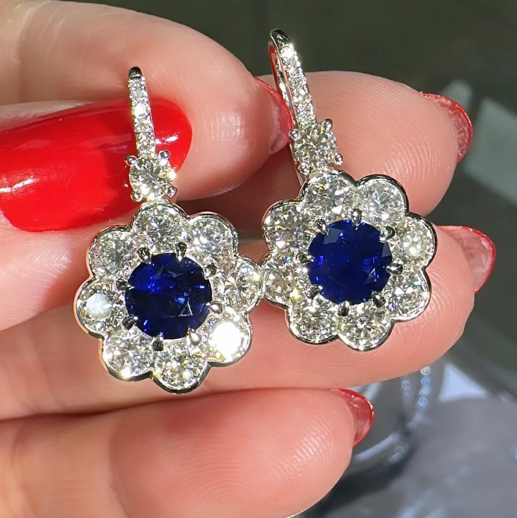 Royal Blue Sapphire & Diamond Flower Style Statement Earrings