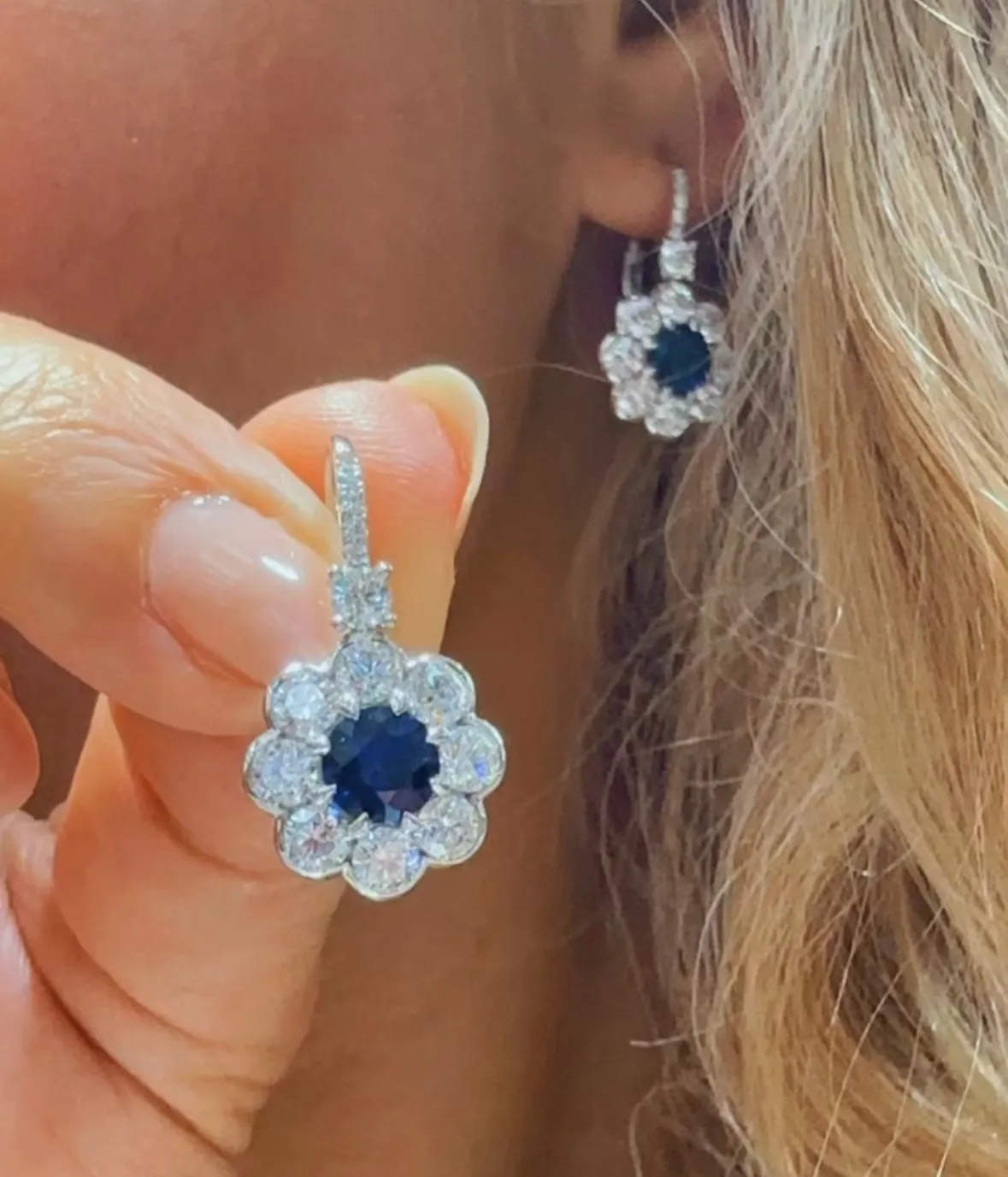 Royal Blue Sapphire & Diamond Flower Style Statement Earrings