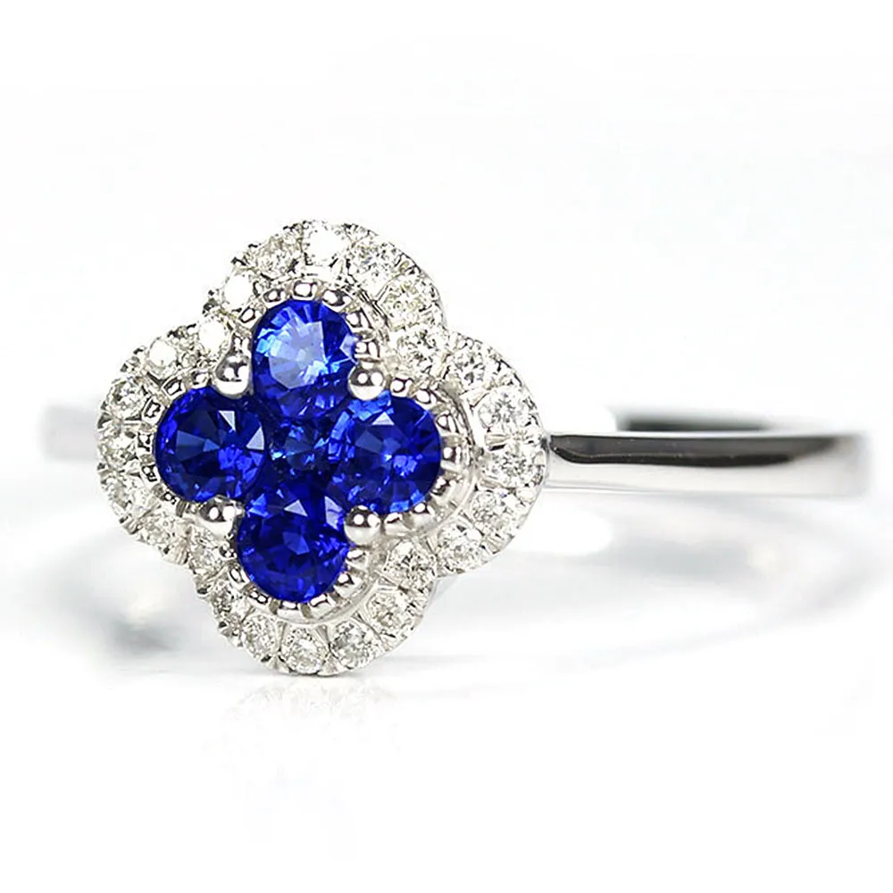 Sapphire Four Leaf Clover Ring with Diamond Halo