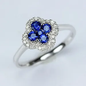 Sapphire Four Leaf Clover Ring with Diamond Halo