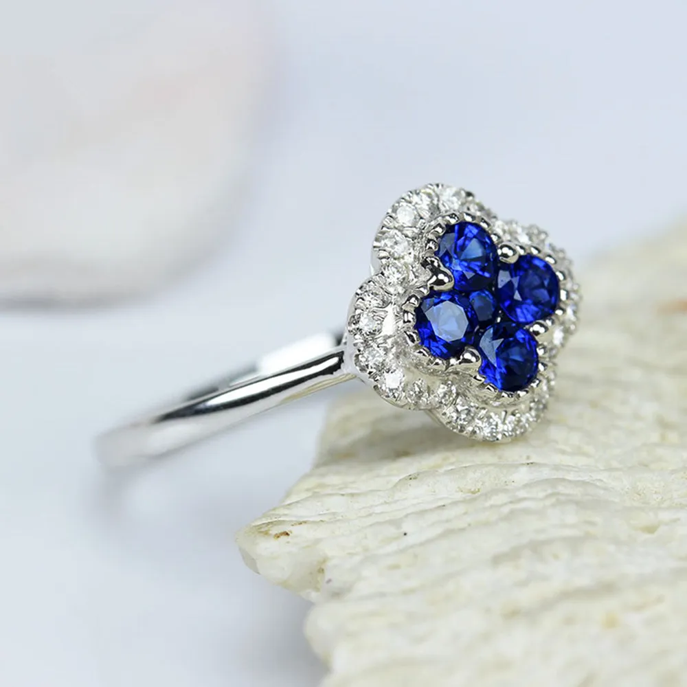 Sapphire Four Leaf Clover Ring with Diamond Halo