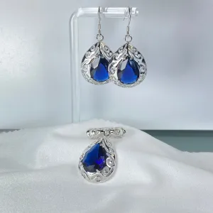 Sapphire Jewelry Ensemble, Simulated Teardrop Gems, Retro Filigree (Earrings & Pendant) #S28