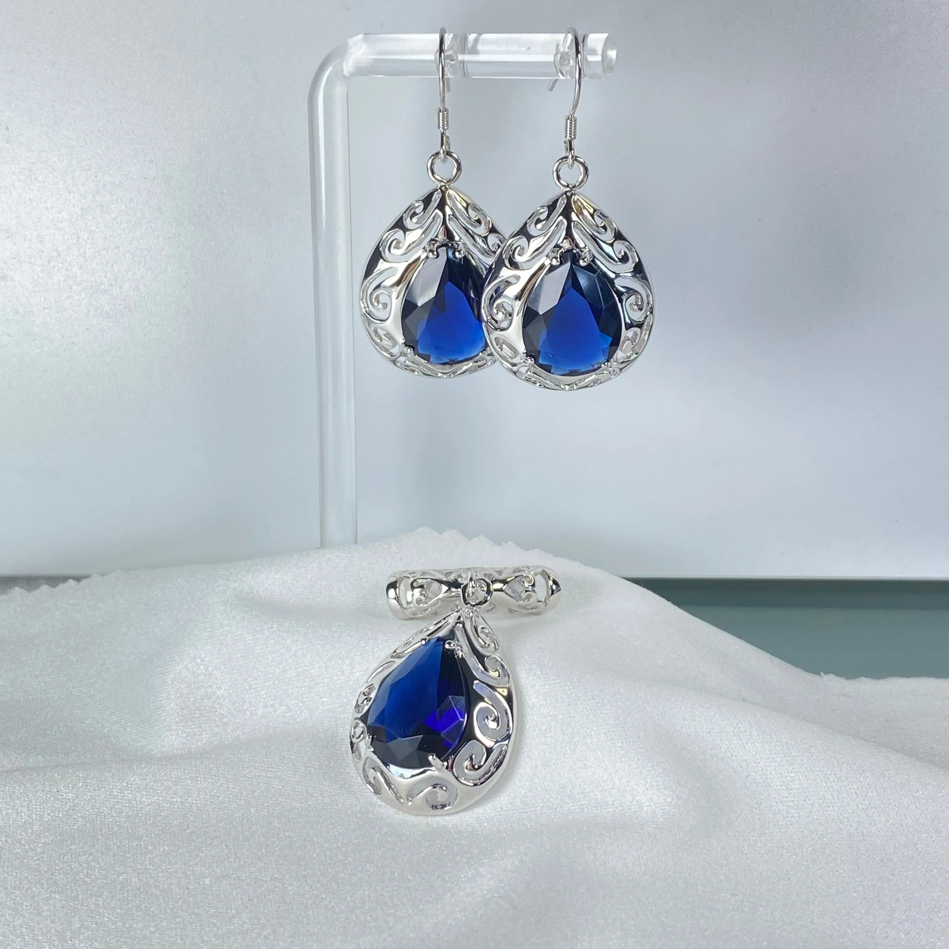Sapphire Jewelry Ensemble, Simulated Teardrop Gems, Retro Filigree (Earrings & Pendant) #S28