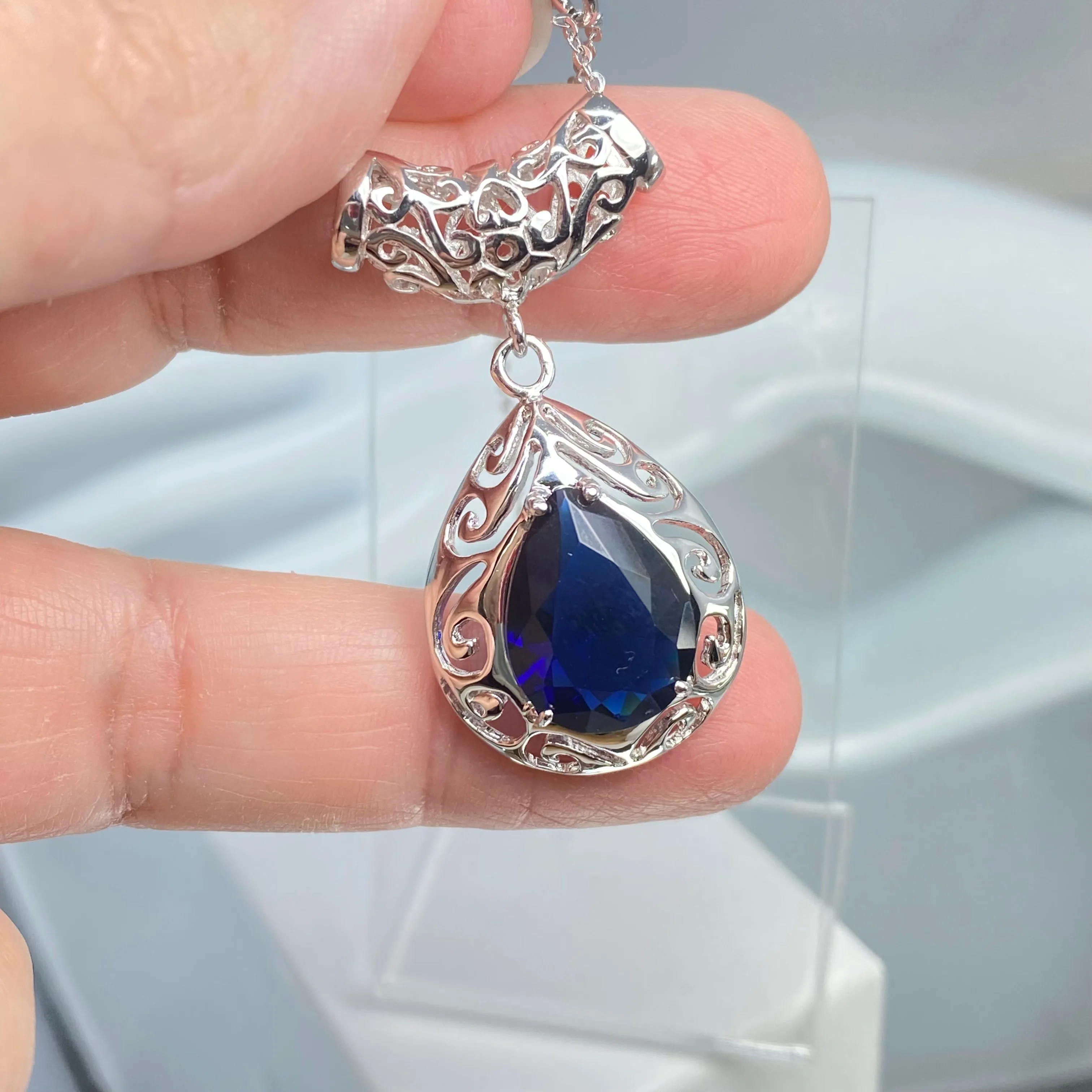 Sapphire Jewelry Ensemble, Simulated Teardrop Gems, Retro Filigree (Earrings & Pendant) #S28