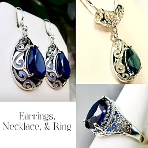 Sapphire Jewelry Set, Teardrop Art Deco Set includes Ring, Earrings & Pendant #S28