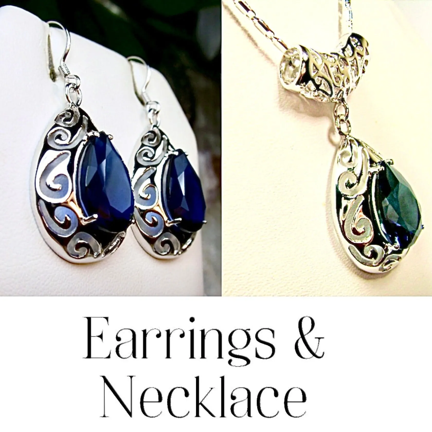 Sapphire Jewelry Set, Teardrop Art Deco Set includes Ring, Earrings & Pendant #S28