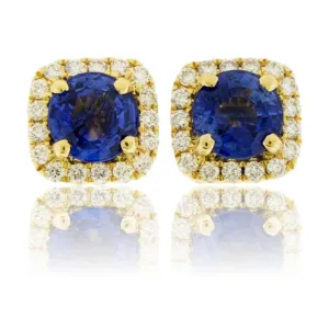 Sapphire with Diamond Halo Stud Earrings