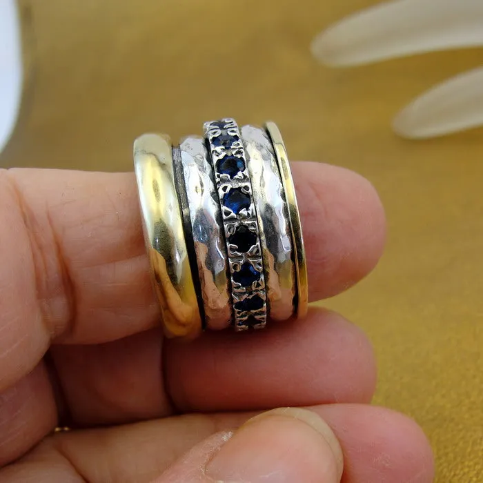 Sapphire Z Ring 6.5, 7 Heavy Swivel Yellow Gold 925 Silver Hadar Designers(SN)y
