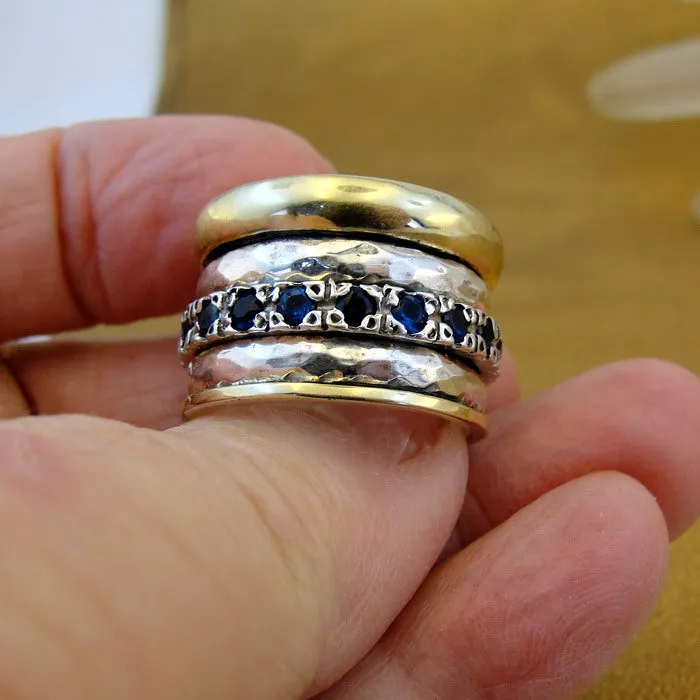 Sapphire Z Ring 6.5, 7 Heavy Swivel Yellow Gold 925 Silver Hadar Designers(SN)y