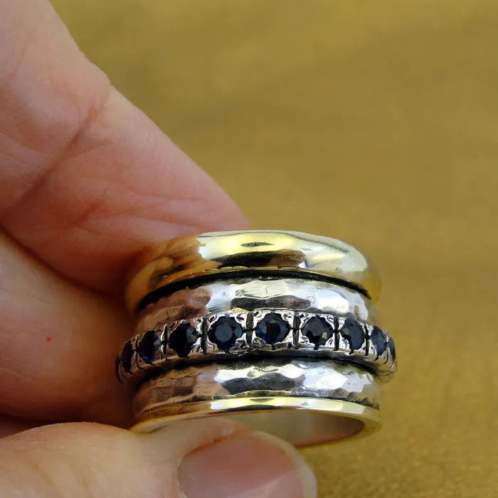 Sapphire Z Ring 6.5, 7 Heavy Swivel Yellow Gold 925 Silver Hadar Designers(SN)y