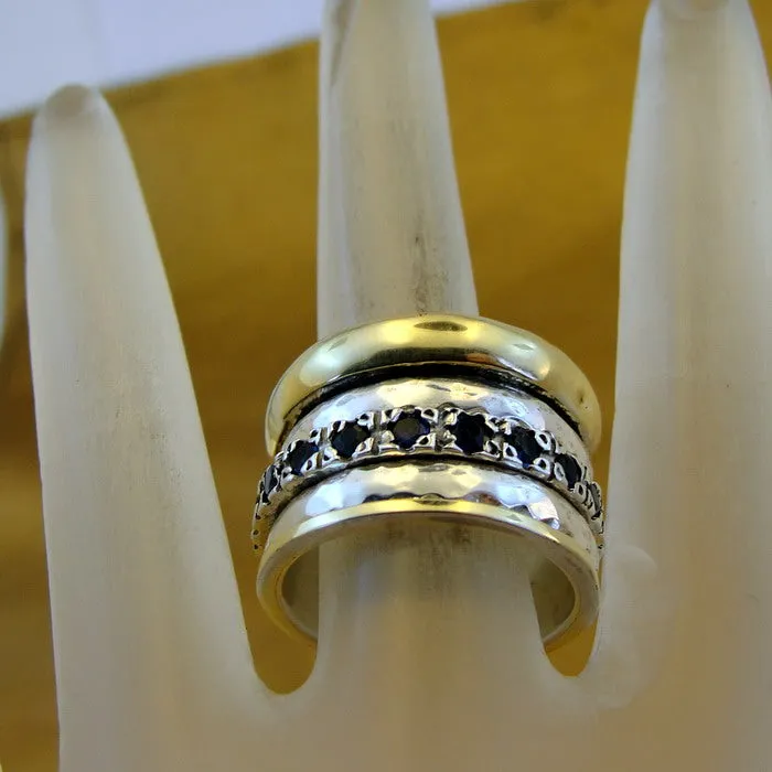 Sapphire Z Ring 6.5, 7 Heavy Swivel Yellow Gold 925 Silver Hadar Designers(SN)y